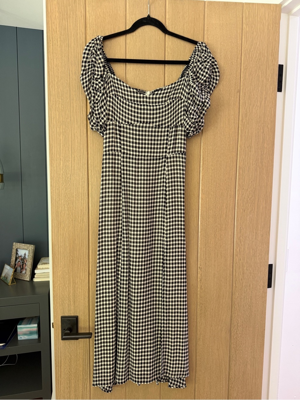 Reformation Black & White Gingham Midi Dress with Puff Sleeves